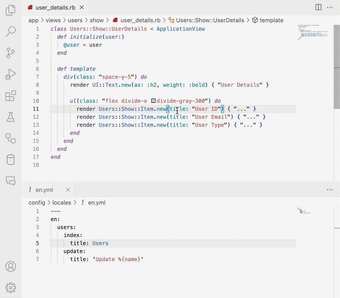 Demo of the rails-phlex-i18n VSCode extension